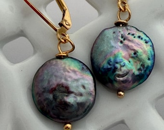 Vintage peacock Coin Pearl Earrings: 11.7mm,  14k gold filled leverback earrings