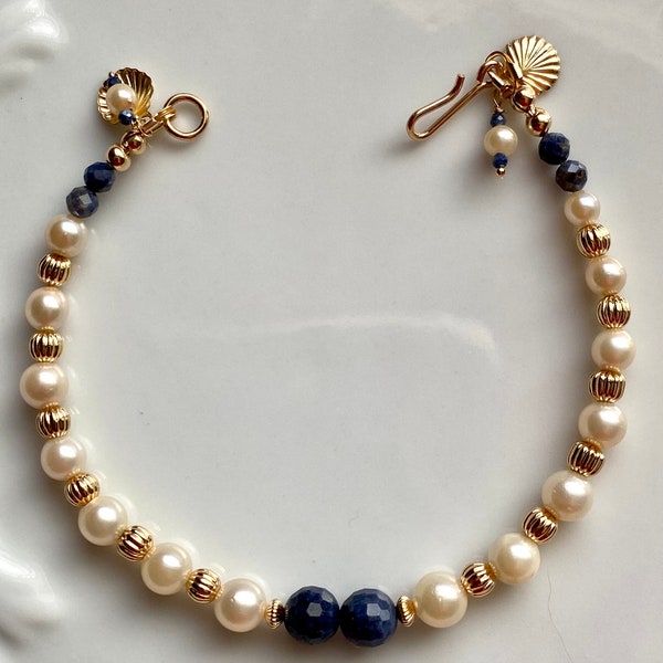 Japanese saltwater Akoya pearl bracelet - 6mm iridescent pearls - Sapphires -14k Gold filled beads - clasp - 7 1/2”  Antique pearls