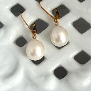 Freshwater Akoya Teardrop Pearls, 10mm H x 9mm W, plump, highly iridescent nacres, 14k gold -filled leverbacks