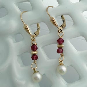 Japanese Akoya Pearl earrings pearls, 4.5mm pearls, iridescent nacres, 4mm rubies, 14k gold filled Leverbacks, Century pearls