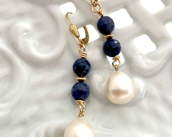 Vintage Teardrop Pearl Earrings: 13mm pearls, 7mm Sapphires, 14k gold-filled lever backs