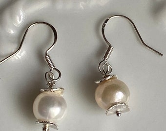 AKOYA Pearls, Vintage 8.6mm, Thick Sterling silver hand plated potato chip beads on USA made sterling silver ear wires