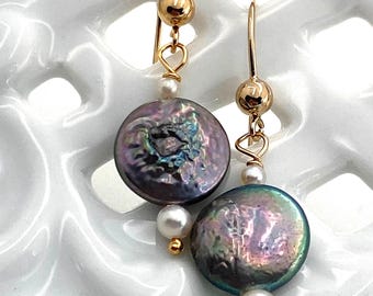 Vintage Coin Pearl Earrings: 13mm coins, 2mm Akoya accent pearls,14k Gold Filled leverbacks
