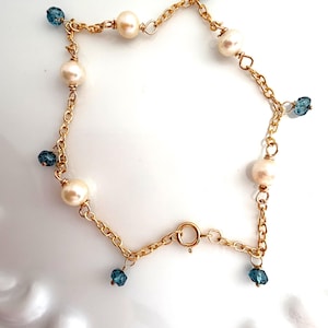Tin Cup Japanese Akoya Pearl Bracelet, 5mm pearls and 3mm London Blue topaz, 14k gold filled  7 1/2-8" or custom size