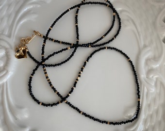 Black spinel bead necklace - 29” - 2mm spinel beads - 14k gold filled spacer beads - 14k gold filled heart - can be customized- handmade