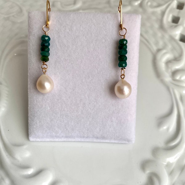VINTAGE AAA 10mm freshwater Akoya plump teardrop Pearls, iridescent, 4mm emeralds from India on USA made 14k gold filled lever back earrings