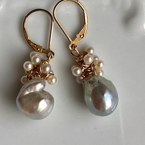 11mm Edison Baroque silver blue teardrop pearls, Vintage Akoya pearls on 14k gold lever backs.