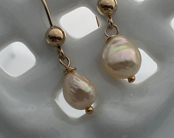 Japanese saltwater baroque pearl earrings - 9.4mm - gorgeous pink carnival glass finish nacre  - 14k gold filled ball wire earrings
