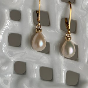Freshwater Akoya Teardrop Pearl Earrings -8.3mm highly iridescent nacres - pink undertones- 14k Gold Filled Lever Backs and beads