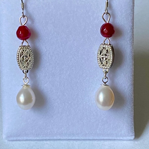 Freshwater cultured Teardrop pearl earrings -  10mm pearls - sterling silver filigree bead - 5mm ruby - 925 ear wires - Handmade