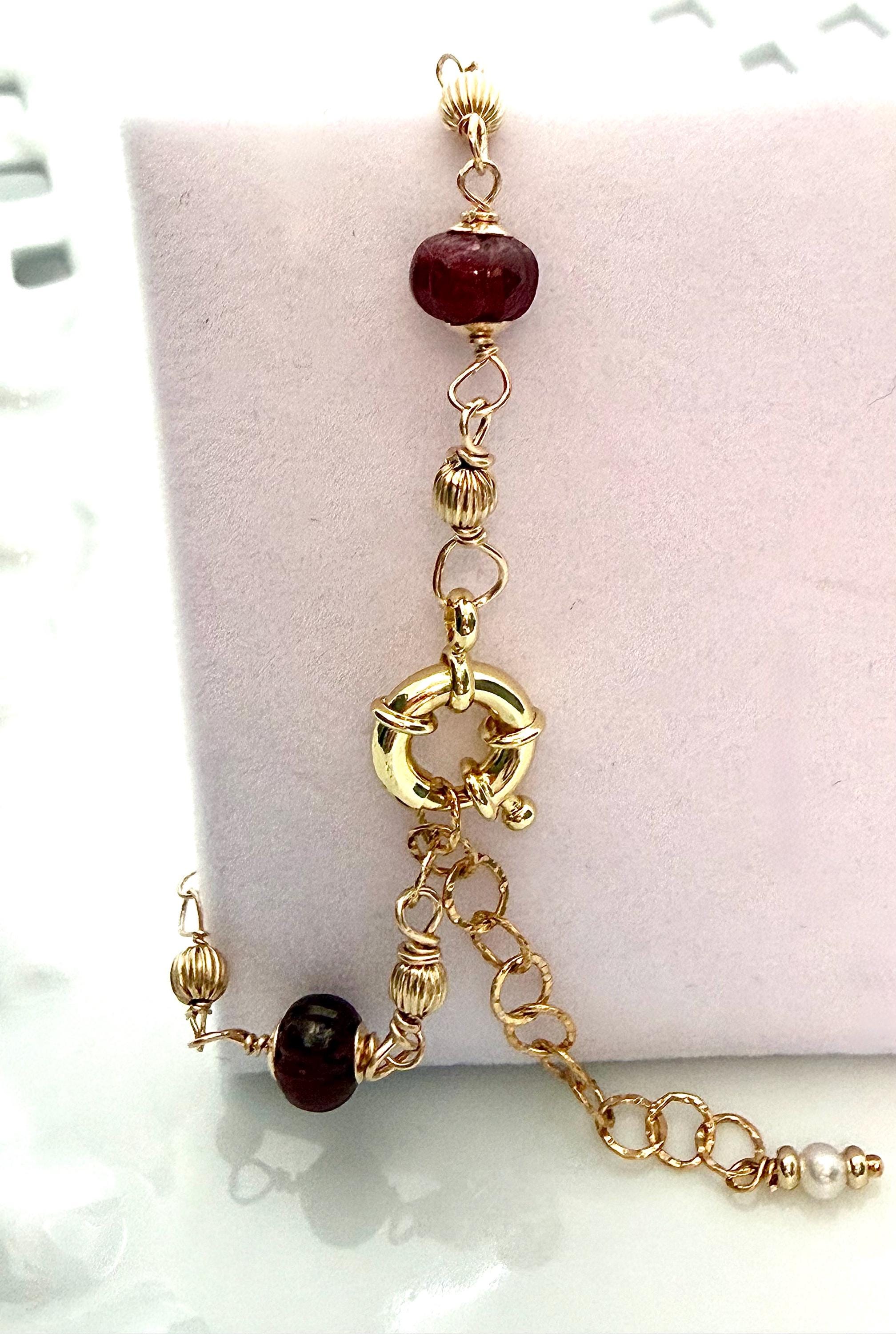 Japanese Akoya Ruby pearl bracelet, 7mm pearls, carved Rubies, 14k Gold filled beads, sailors clasp, adjustable, 7-7.5"