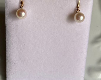 Japanese Akoya Pearl earrings, Vintage pearl drop earrings, 7mm AAA pink undertones iridescent nacres on 14k gold filled Lever backs