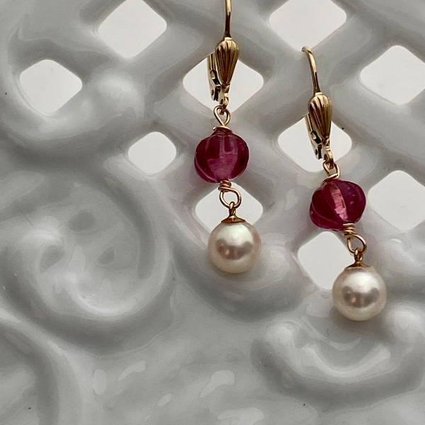Japanese Akoya saltwater pearl earrings-  6.7mm pearls - 6mm carved pink tourmaline on 14k gold filled leverbacks - Century Pearls