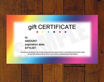 Op de afbeelding: Een kleurrijk cadeaubon met de tekst "gift CERTIFICATE" in zwarte letters. De cadeaubon heeft velden voor de naam van de ontvanger, het bedrag van de cadeaubon, de vervaldatum en de naam van de stylist.
