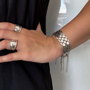 Wide silver Gourmet Fringes Bracelet, Thick chain link Bracelet, Silver chunky bracelet, Statement Bracelet for Women, Jewelry Gift for Her