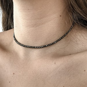 Hematite stone choker necklace, Natural stone beaded necklace, Grey gemstone necklace, Delicate collar stone, Hematite jewelry
