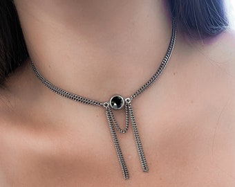 Silver Choker Necklace, Swarovski Inlay Choker, Dainty Tassel Chain Silver Choker, Necklace Collar Women, Statement Necklace