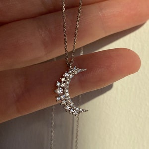 Sterling silver cz Moon necklace, Minimalist silver moon pendant necklace, Dainty Silver Crescent necklace, Boho crystal moon necklace