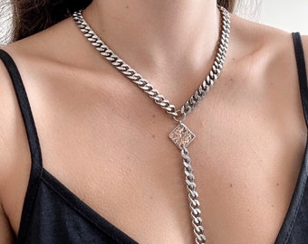 Silver Tie Necklace with Fringes, Rhombus Statement necklaces for Women, Curb Link Necklace, Silver Long Y Necklace, Gift for wife her