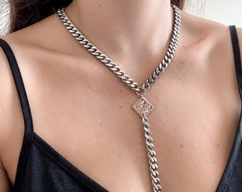 Collana con cravatta in argento con frange, collane con rombo per donne, collana a maglie di cordolo, collana a Y lunga in argento, regalo per sua moglie