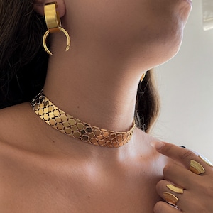 Thick chain link choker, Gold choker necklace for women, Gold statement necklace, Wide Gold choker collar, Christmas gift SET for wife