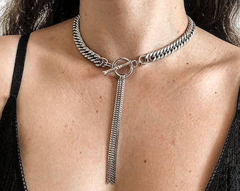 Silver tassel choker collar, Silver choker necklaces for women, Toggle clasp Necklace, Lariat link necklace