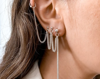 4 hole helix earring hoop, STERLING SILVER stud earrings, dot dangle earrings, Silver minimalist earrings, Silver tassel chain drop earrings