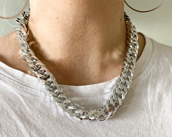 Silver Chunky Chain Necklace for women, Minimalist statement chain Necklace, Cuban Large Link Necklace, Wide silver Necklace, Holiday gifts