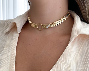 Hoop Thick Chain Link choker, Snake Choker necklaces for women, Gold Statement collar Necklace, Wide gold Choker Collar, Boho Choker gold