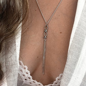 Dainty silver necklace, Lariat chain silver necklaces, Black pendant silver necklace, drop silver necklace, Y Tassel BOHO necklace