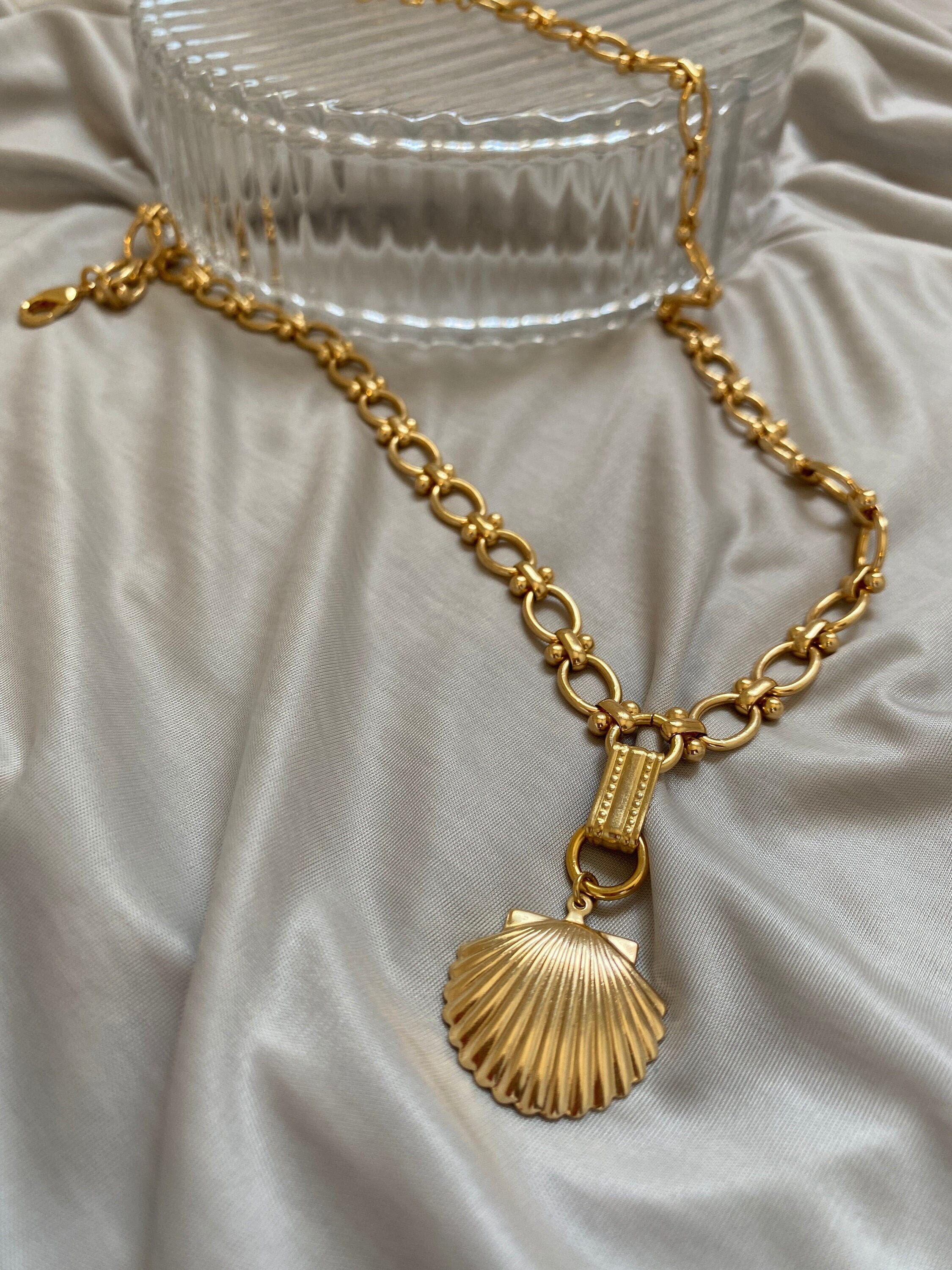 Big gold Sea shell Pendant Necklace Nautical necklace for Etsy