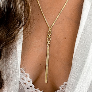 Collar de oro con cadena de lazo, collar bohemio de oro, collar en Y de plata y oro, collar largo de oro para mujer, collar con borlas de oro, regalo para mujer