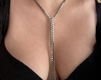 Silver Tie Small Rhombuses tassel Necklace, SILVER Lariat necklaces for Women, Silver Y Long Necklace,  Long drop chain necklace