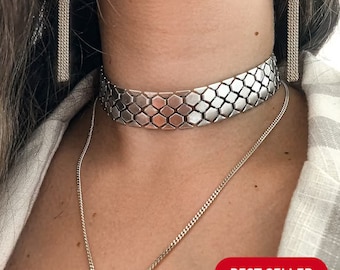 Thick chain link choker, Silver choker necklace for women, Silver statement necklace, Wide SILVER choker collar, Handmade Boho Choker