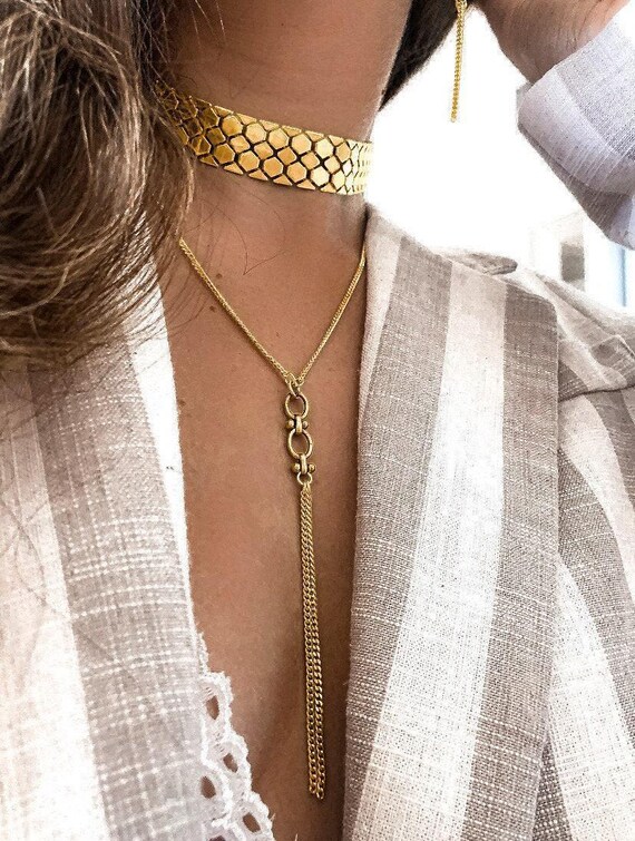 Lariat chain gold necklace, Gold boho necklace Y necklace silver gold , Gold long necklace for women, Gold tassel necklace, Gift for women