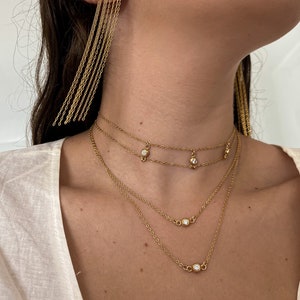 Dainty gold cubic zirconia choker necklace, Layering necklace Set, gold crystal necklace, Gemstone necklace, 14k gold chain necklace women