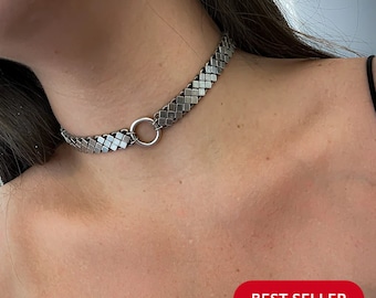 Hoop Dicke Kette Link Choker, Schlangen-Choker-Halsketten für Frauen, Silber Statement-Kragen-Halskette, Breiter Silber-Choker-Kragen, Boho-Choker