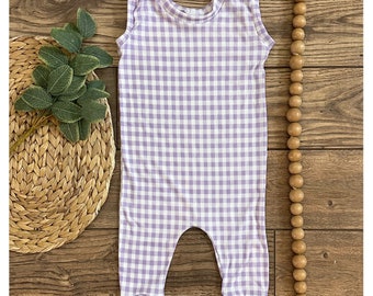 Romper - Romper suave- Romper para niños pequeños - Romper bebé- Tejido de punto suave y elástico- Rompers para niñas- gingham de lavanda acanalado