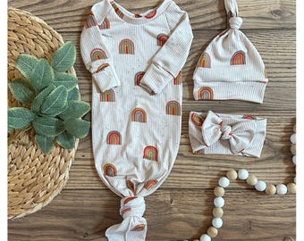 Knotted gown- Newborn gown- Tie knot gown- Fold  over mits- Newborn outfit- going home outfit- ribbed- hearts