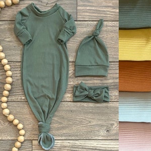 Knotted gown- Newborn gown- Tie knot gown- Fold  over mits- Newborn outfit- going home outfit- ribbed knit