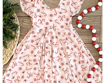 Handmade Christmas Twirl Dress | Candy Cane Knit Fabric