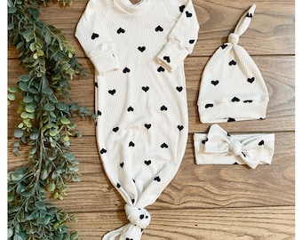 Knotted gown- Newborn gown- Tie knot gown- Fold  over mits- Newborn outfit- going home outfit- ribbed- hearts