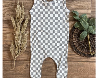 Romper - Romper suave- Romper para niños pequeños - Romper bebé- Tejido de punto suave y elástico- Rompers para niñas - rompers para niños- gris a cuadros