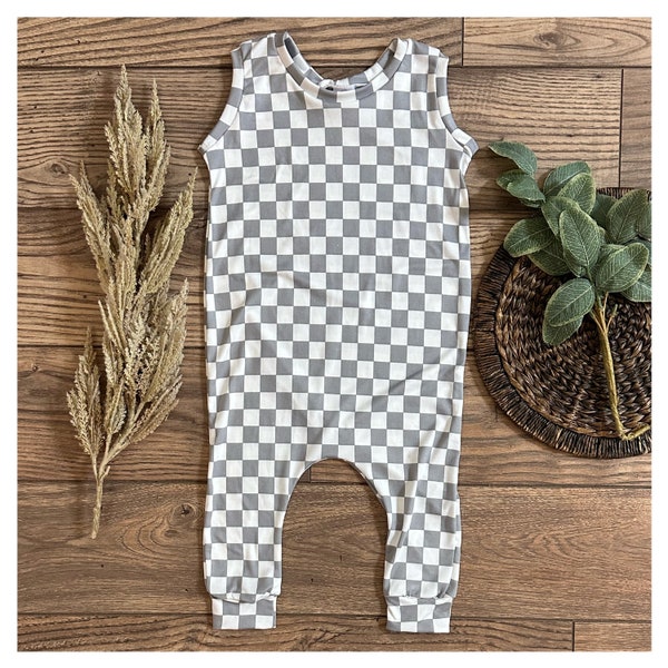 Romper - Soft romper- Toddler romper - Baby romper- Soft, Stretchy knit fabric- Rompers for girls - rompers for boys- gray checkered