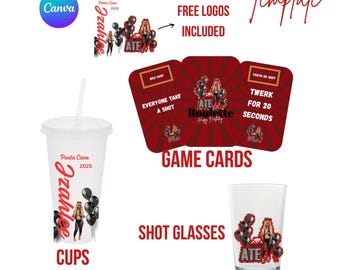編集可能なパーティーグッズセットテンプレート｜ゲームカード、カップデザイン、ショットグラスデザイン｜誕生日、イベント、休暇に使えるCanvaダウンロード