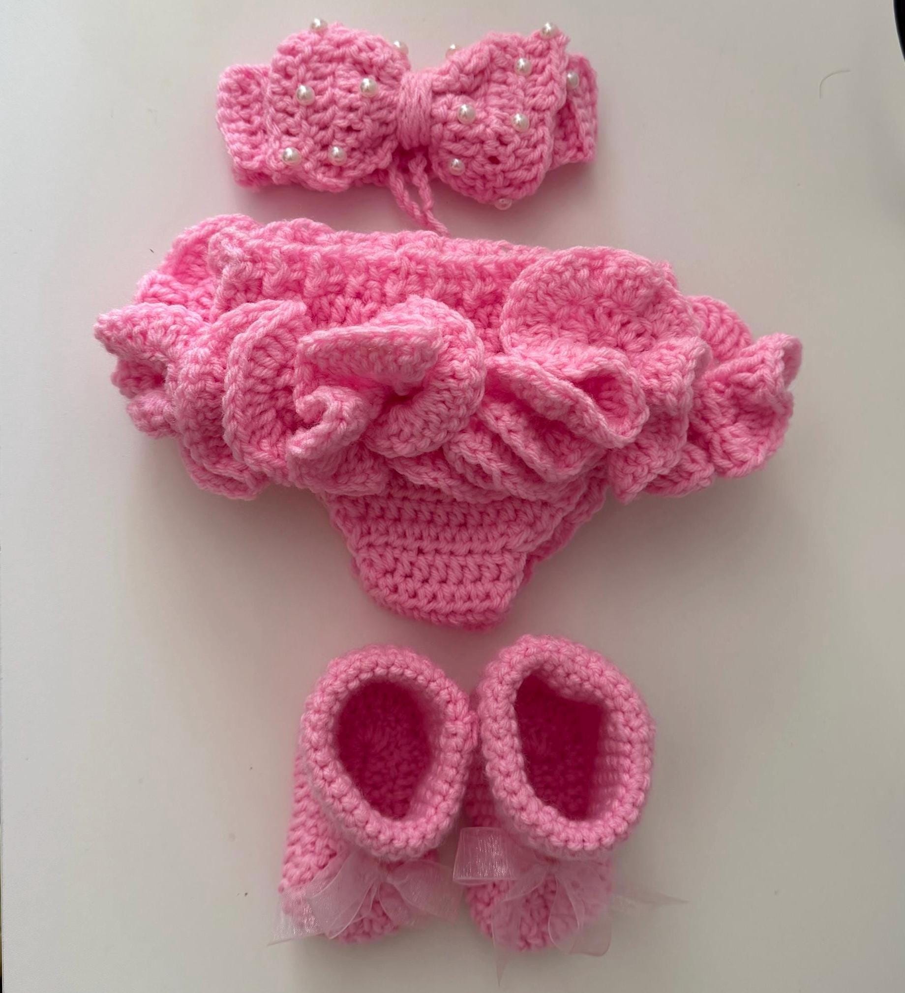 Crochet Baby Girl Outfit Ruffle Diaper Cover, Booties & Bow Headband Newborn Photo Prop Handmade Baby Shower Gift