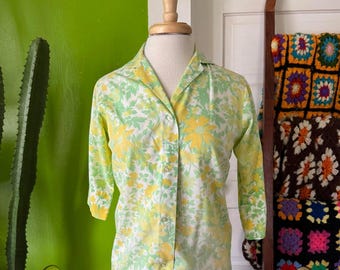 Vintage Lady Manhattan Floral Patterned Blouse Yellow Green Size 10 80s