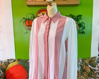 Vntg 80s Pink & White Striped See Through Shear Blouse Collared Shirt Vintage Long Sleeve