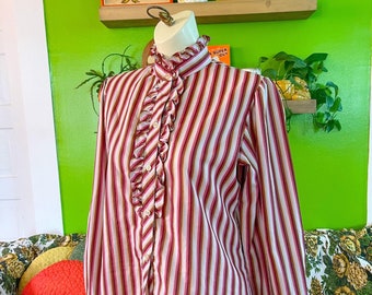 Vntg KORET Striped Ruffle Blouse Pink Brown White Long Sleeve 80s