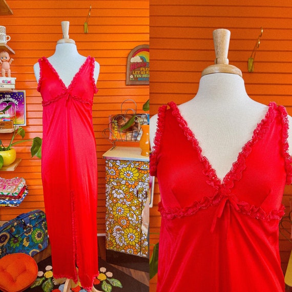 Vintage Bright Red Nightgown, Slit, Ruffles, 70s,… - image 1